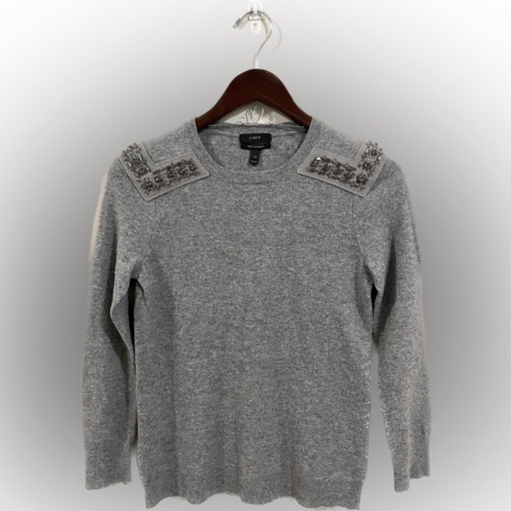 J. Crew gray sweater with jewel embellishments on shoulder